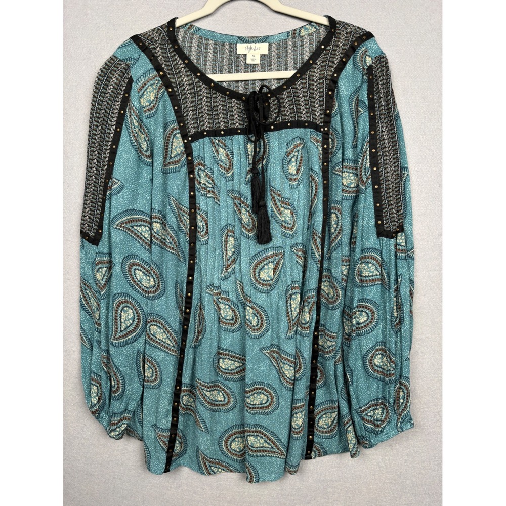 Style & Co Blouse Womens XL Paisley Studded Tassel Tie Peasant Top